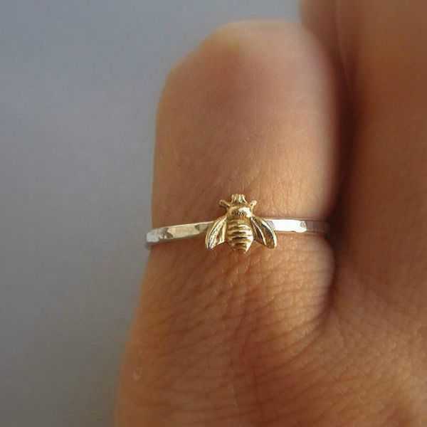 simple tiny 925 solid sterling silver bee ring gold hammered band stacking rings wedding anniversary jewelry, Golden;silver